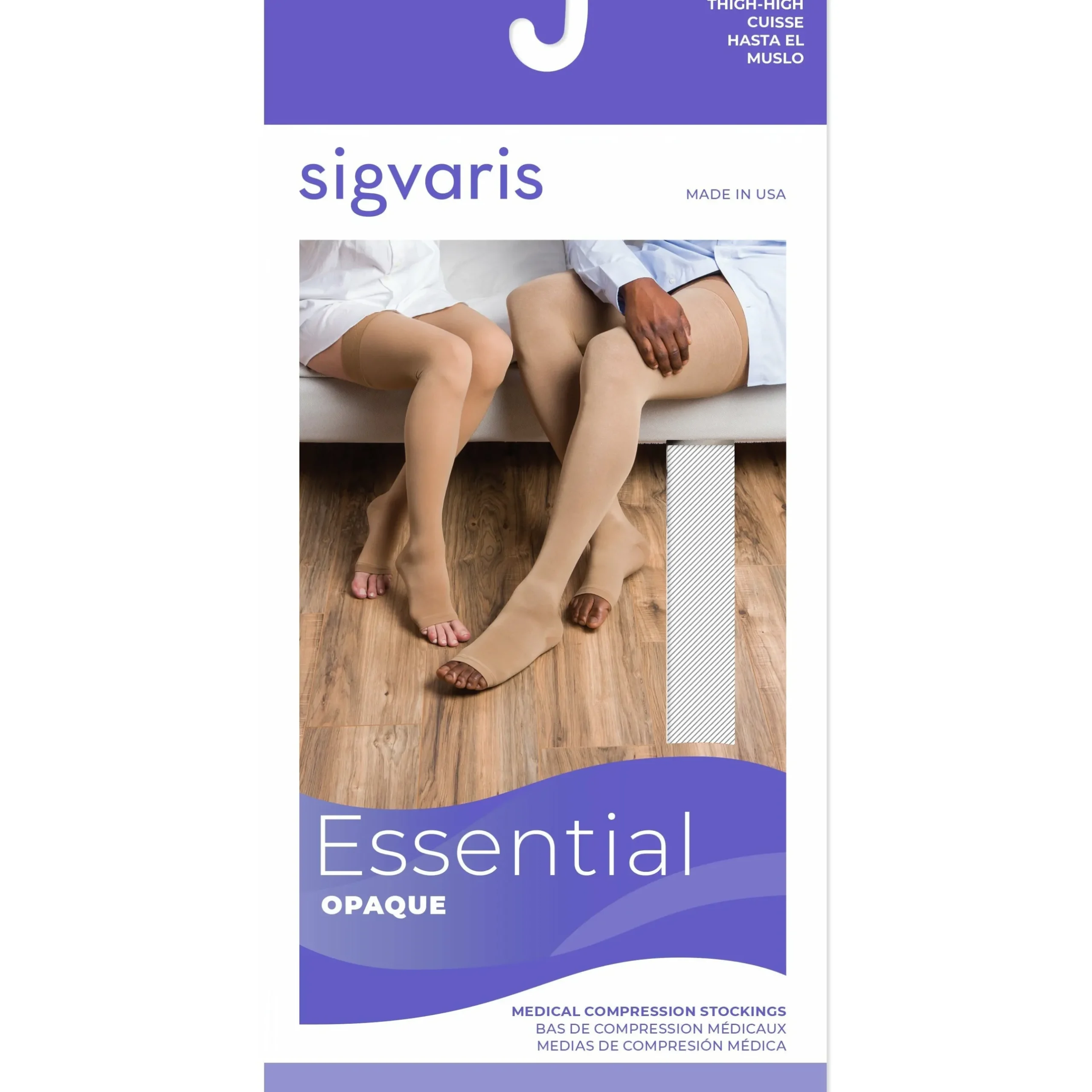 Sigvaris Opaque Thigh High 30-40 mmHg, Open Toe w/ Waist Attachment
